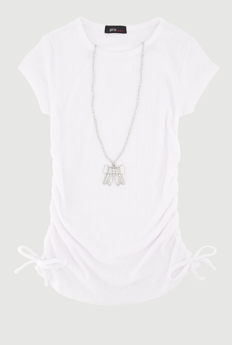 Little Girls Ribbed Knit Tee with Removable Rhinestone Bow Necklace, White,