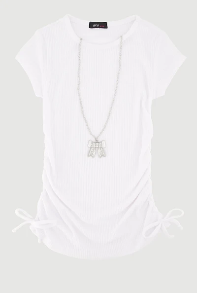 Little Girls Ribbed Knit Tee with Removable Rhinestone Bow Necklace, White,