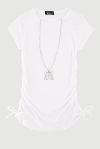 Little Girls Ribbed Knit Tee with Removable Rhinestone Bow Necklace, White,