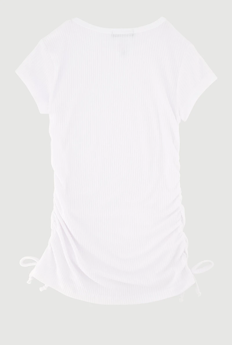 Little Girls Ribbed Knit Tee with Removable Rhinestone Bow Necklace, White,
