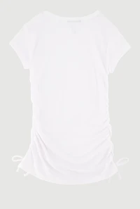 Little Girls Ribbed Knit Tee with Removable Rhinestone Bow Necklace, White,