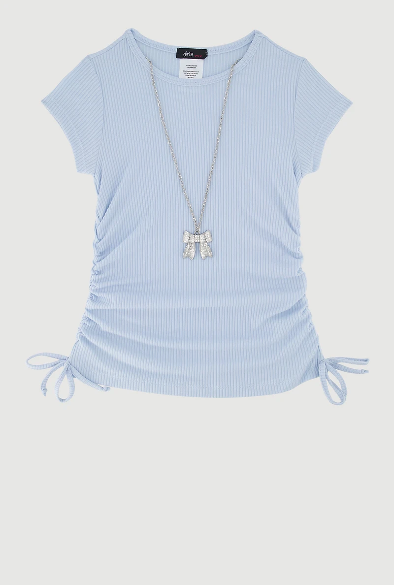 Little Girls Ribbed Knit Tee with Removable Rhinestone Bow Necklace