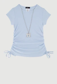 Little Girls Ribbed Knit Tee with Removable Rhinestone Bow Necklace