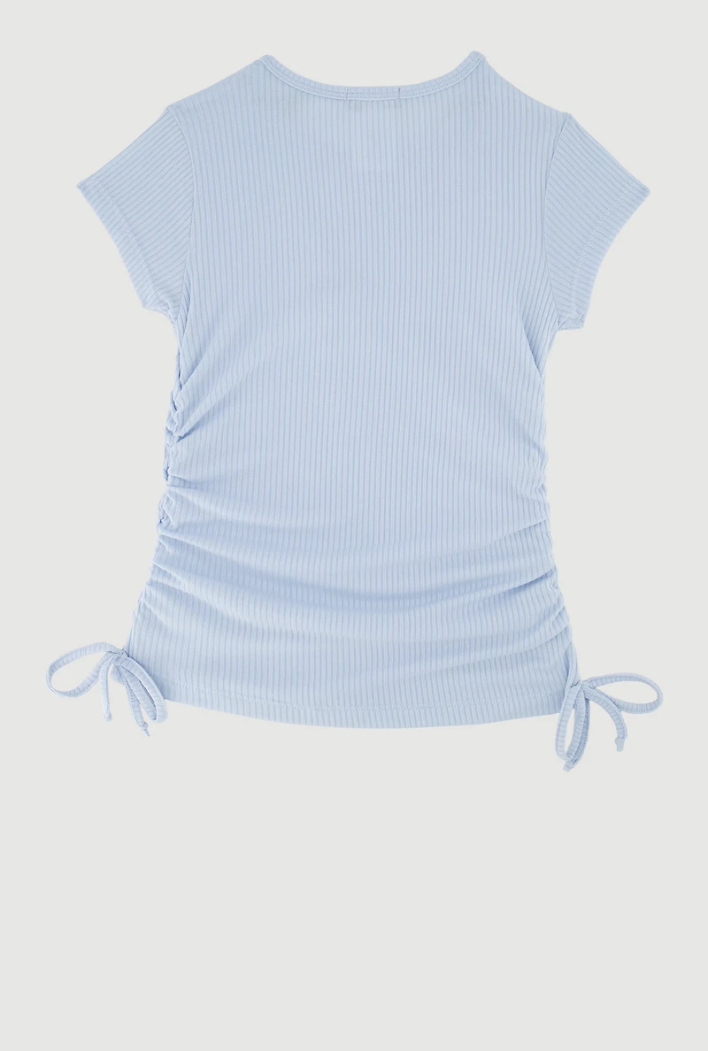 Little Girls Ribbed Knit Tee with Removable Rhinestone Bow Necklace, Blue, Size 5-6