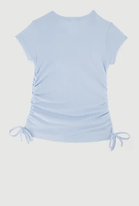 Little Girls Ribbed Knit Tee with Removable Rhinestone Bow Necklace, Blue, Size 5-6