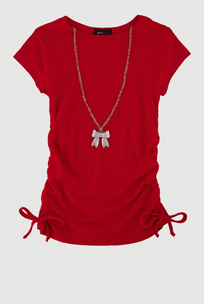 Little Girls Ribbed Knit Tee with Removable Rhinestone Bow Necklace, Red, Size 6X