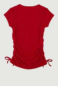 Little Girls Ribbed Knit Tee with Removable Rhinestone Bow Necklace, Red, Size 6X