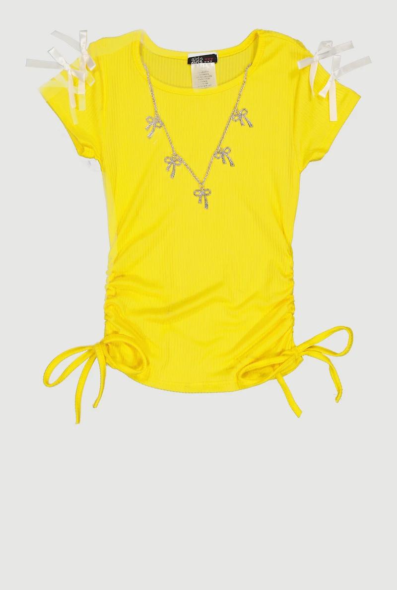 Little Girls Ribbed Knit Bow Shoulder Ruched Top with Necklace