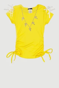 Little Girls Ribbed Knit Bow Shoulder Ruched Top with Necklace