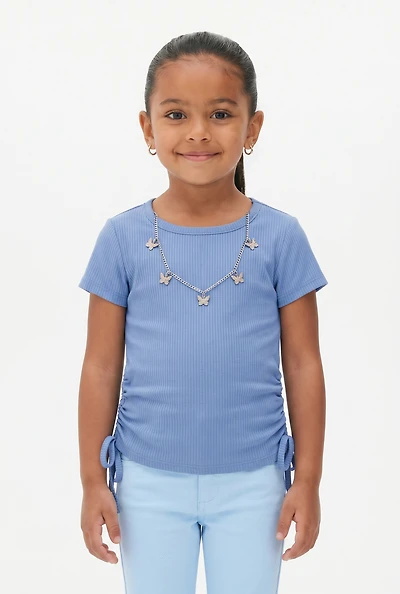 Little Girls Rib Knit Top with Butterfly Chain Necklace