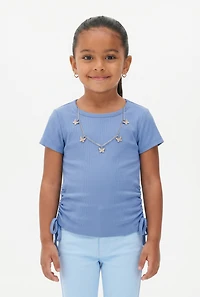 Little Girls Rib Knit Top with Butterfly Chain Necklace