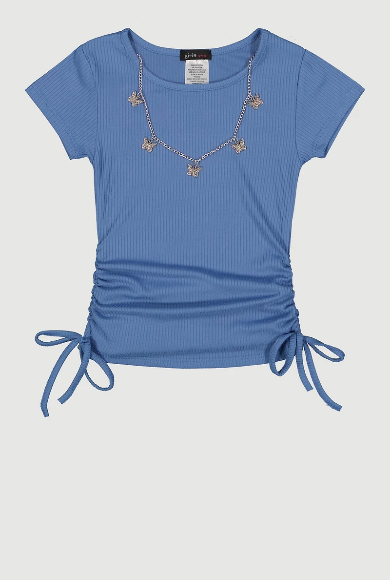 Little Girls Rib Knit Top with Butterfly Chain Necklace