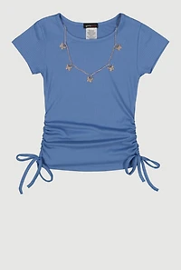 Little Girls Rib Knit Top with Butterfly Chain Necklace