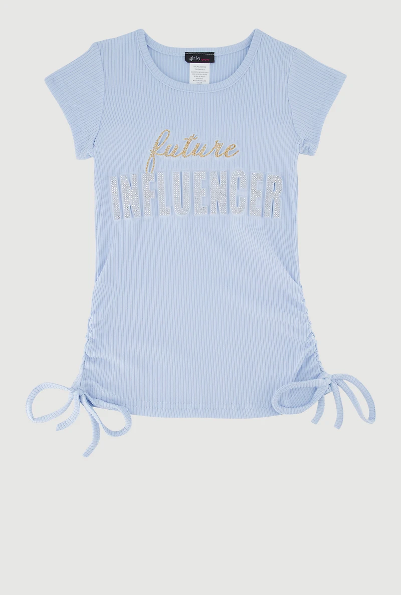 Little Girls Ribbed Knit Future Influencer Rhinestone T-Shirt, Blue, Size 5-6