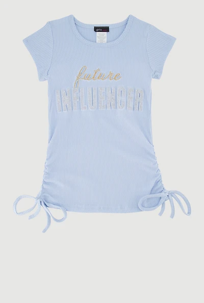 Little Girls Ribbed Knit Future Influencer Rhinestone T-Shirt, Blue, Size 5-6
