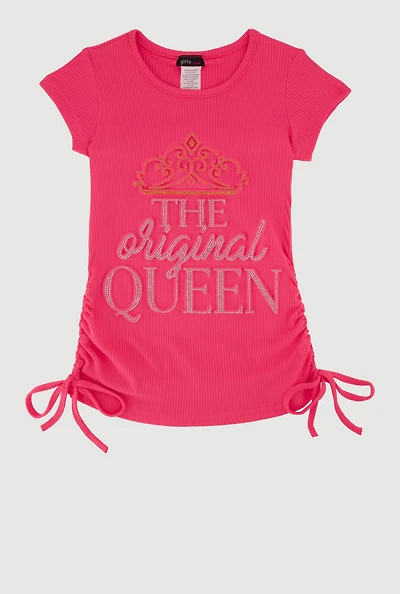 Little Girls Ribbed Knit The Original Queen Graphic Rhinestone Tee, Pink, Size 6X
