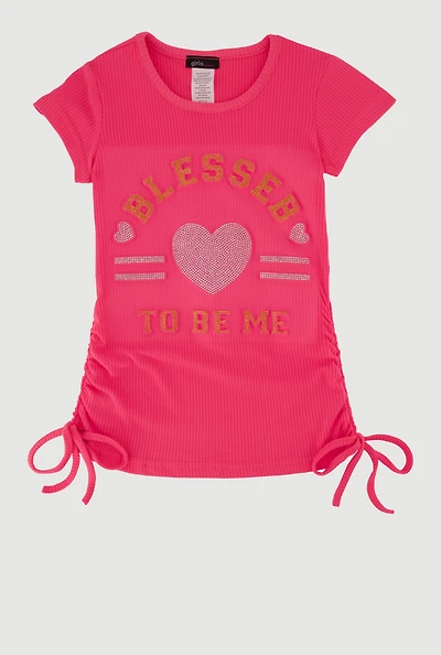 Little Girls Blessed To Be Me Ribbed Knit Crew Neck T-Shirt, Pink,