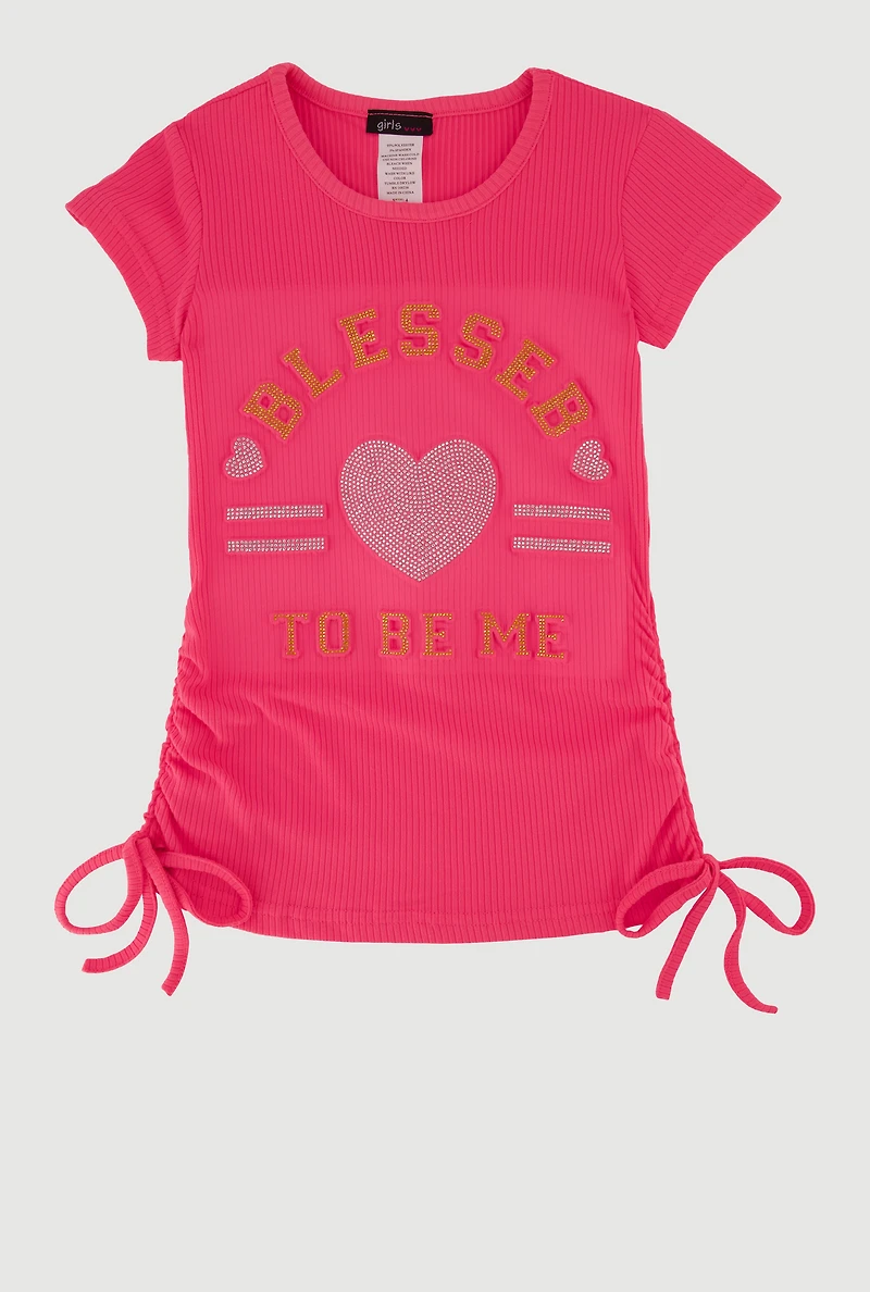 Little Girls Blessed To Be Me Ribbed Knit Crew Neck T-Shirt, Pink, Size 4