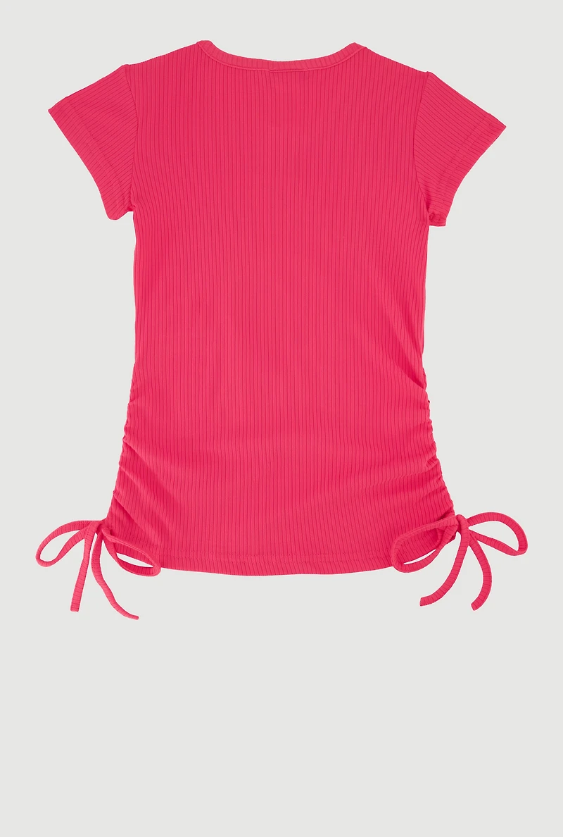 Little Girls Blessed To Be Me Ribbed Knit Crew Neck T-Shirt, Pink, Size 4