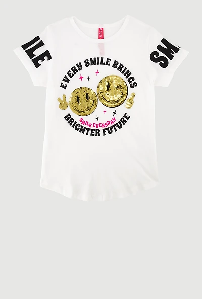 Little Girls Sequin Smile Graphic T-Shirt, White, Size 6X