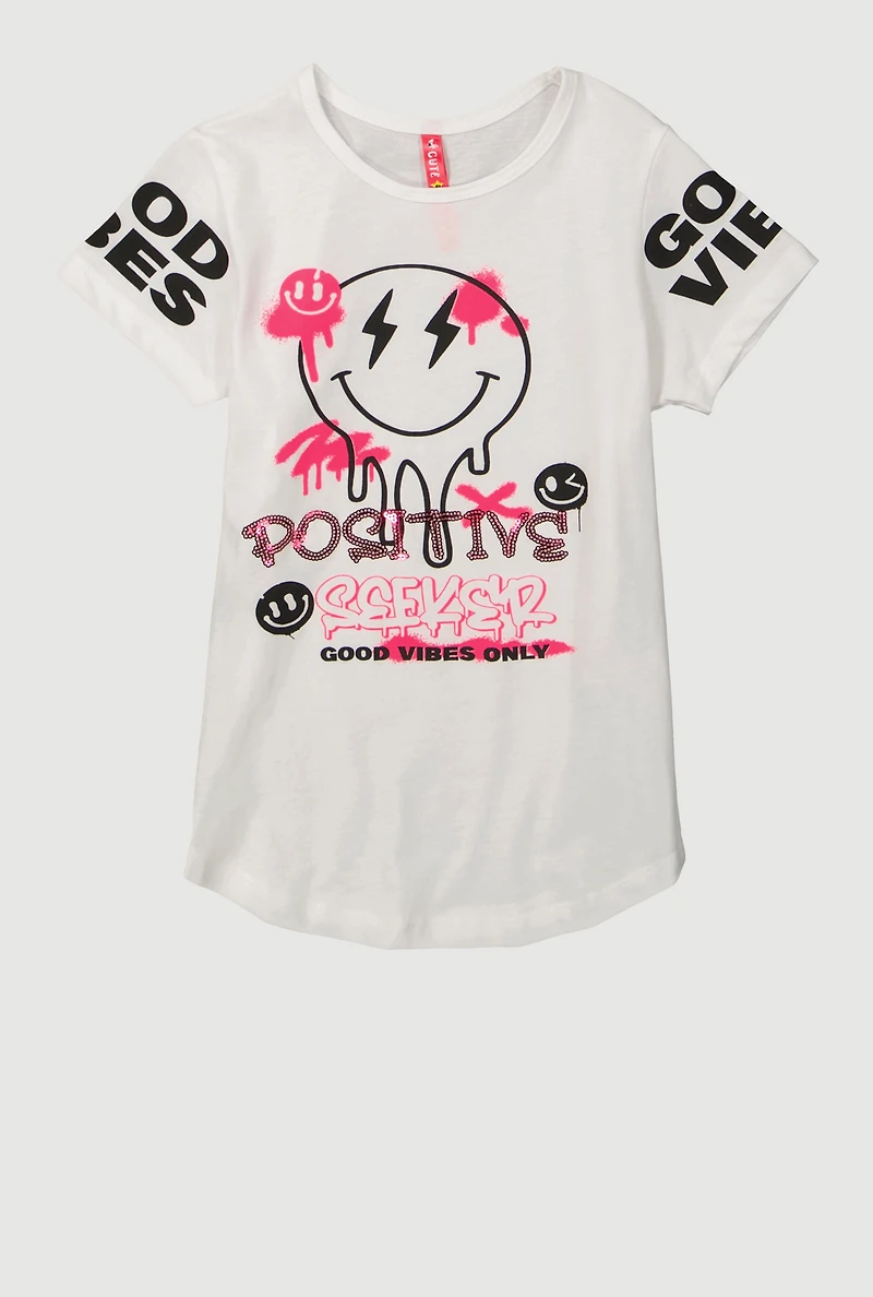 Little Girls Positive Seeker Sequin Graphic T-Shirt, White, Size 5-6