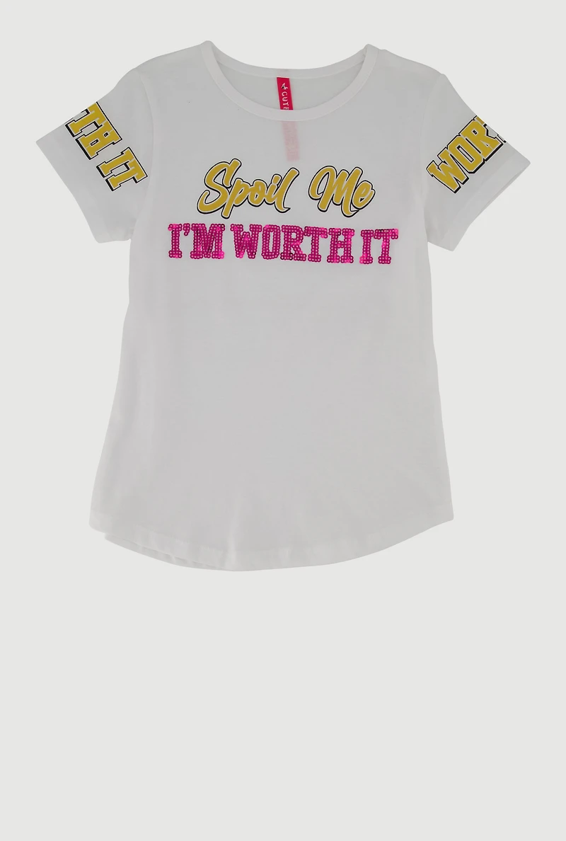 Little Girls Spoil Me Sequin Graphic Tee, White, Size 4