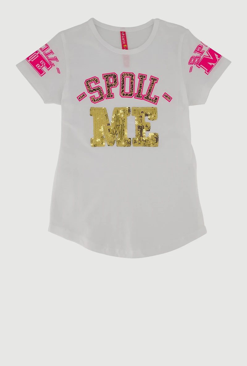 Little Girls Spoil Me Sequin Graphic T-Shirt, White, Size 4