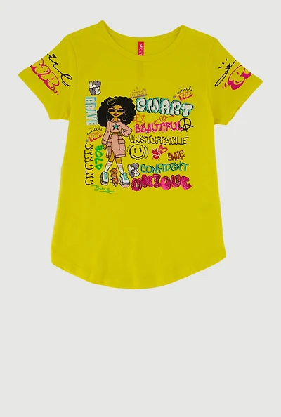 Little Girls Sequin Unique Girl Pwr Graphic Tee, Yellow, Size 6X