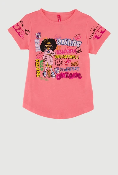 Little Girls Sequin Unique Girl Pwr Graphic Tee, Pink, Size 5-6