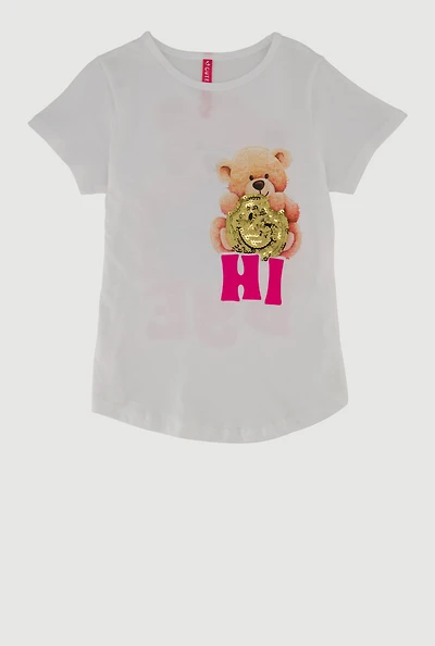 Little Girls Teddy Bear Sequin Graphic Tee, White, Size 5-6