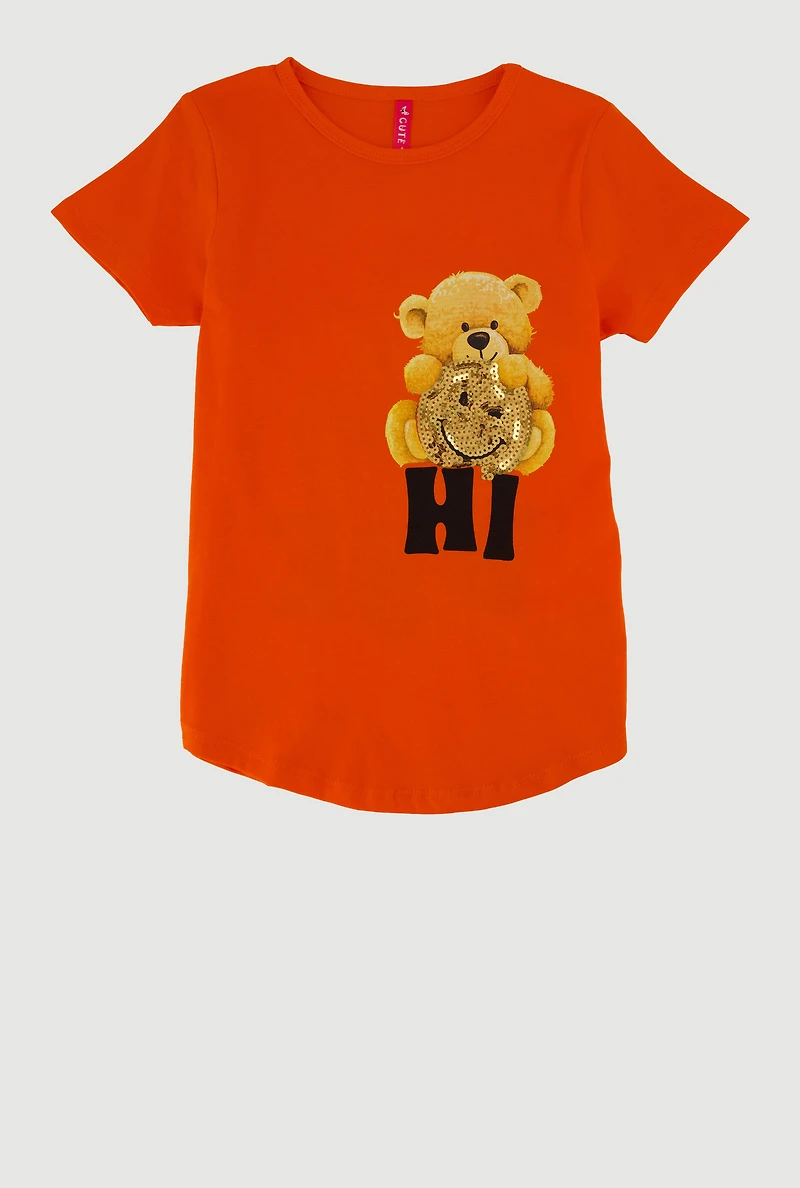 Little Girls Teddy Bear Sequin Graphic Tee, Orange, Size 5-6