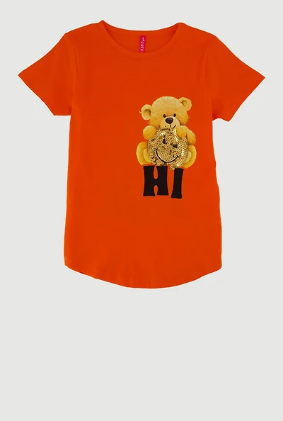 Little Girls Teddy Bear Sequin Graphic Tee, Orange, Size 5-6