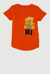 Little Girls Teddy Bear Sequin Graphic Tee, Orange, Size 5-6