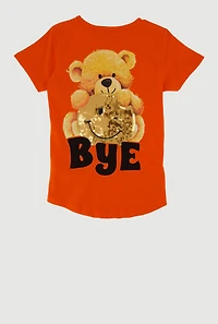 Little Girls Teddy Bear Sequin Graphic Tee, Orange,