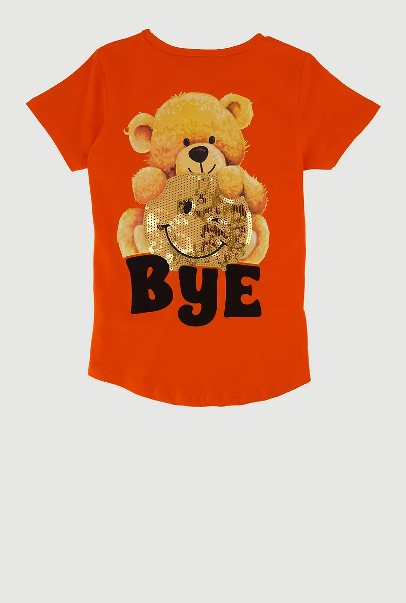Little Girls Teddy Bear Sequin Graphic Tee,