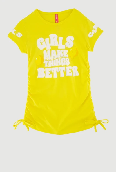 Little Girls Girls Make Things Better Ruched Side Graphic Tee, Yellow, Size 5-6