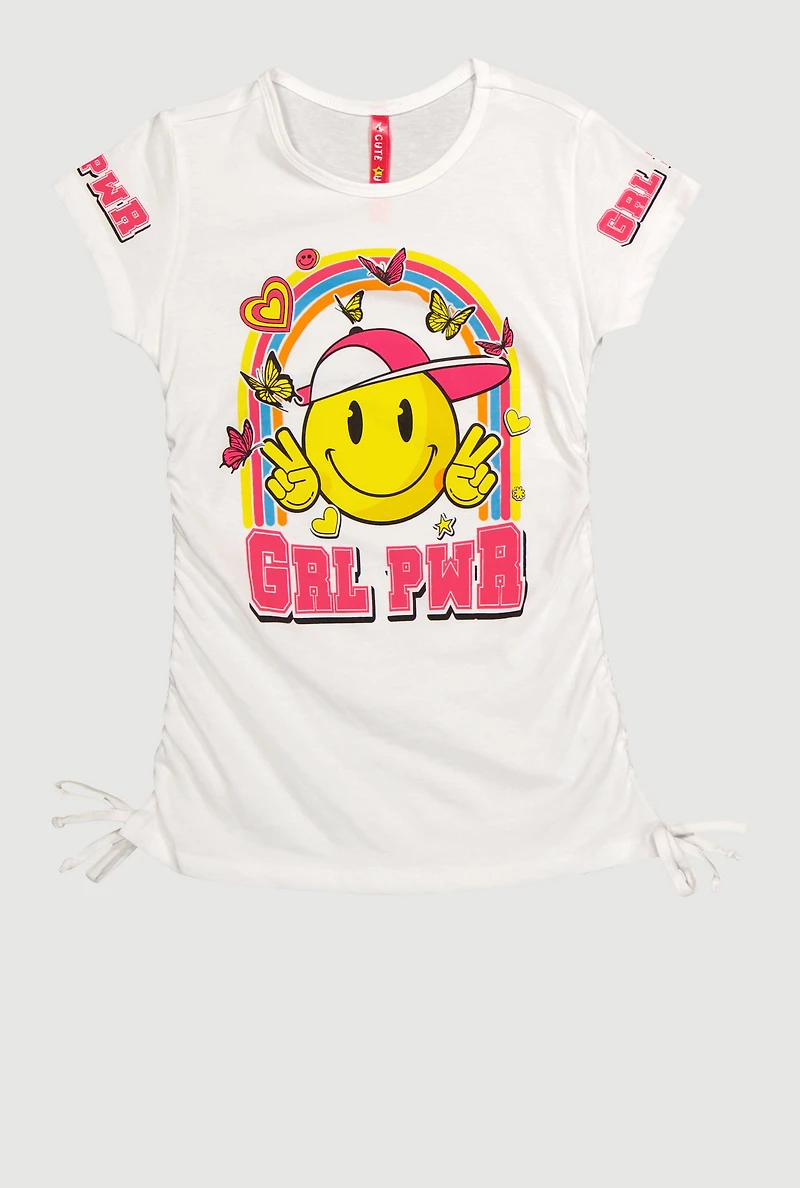 Little Girls GRL PWR Smiley Graphic T-Shirt, White, Size 5-6