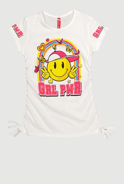 Little Girls GRL PWR Smiley Graphic T-Shirt, White, Size 5-6