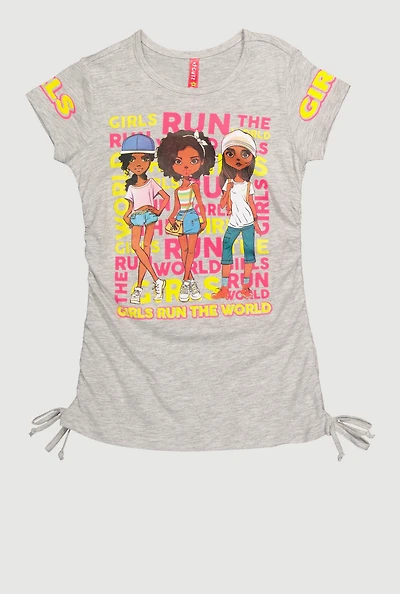 Toddler Girls Run The World Ruched Side Graphic Tee, Grey, Size 6X