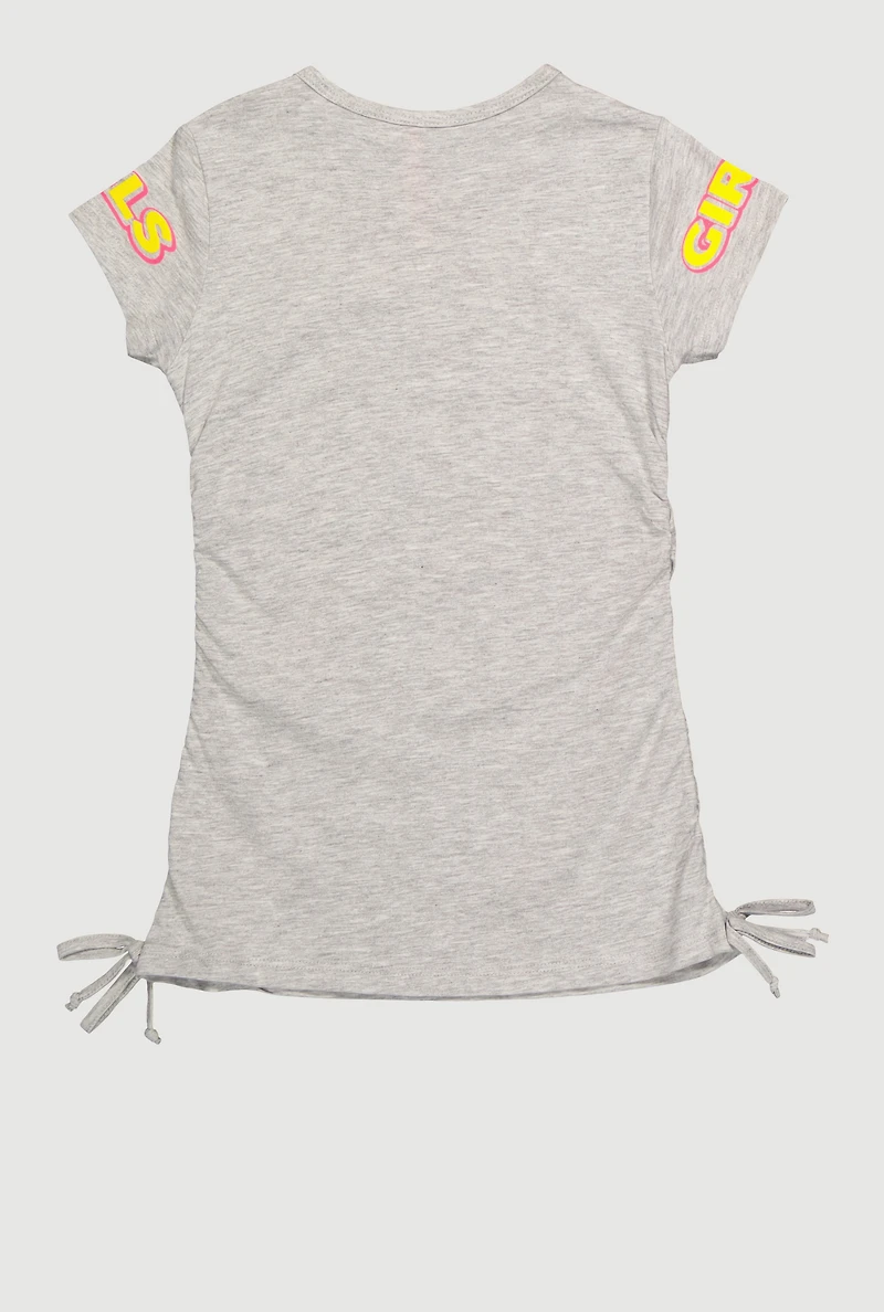 Little Girls Run The World Ruched Side Graphic Tee, Grey, Size 6X