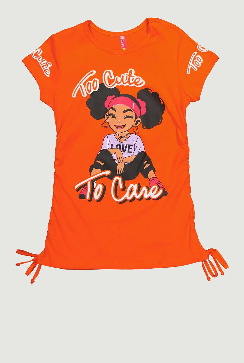 Little Girls Too Cute To Care Ruched Side Graphic Tee, Orange, Size 6X