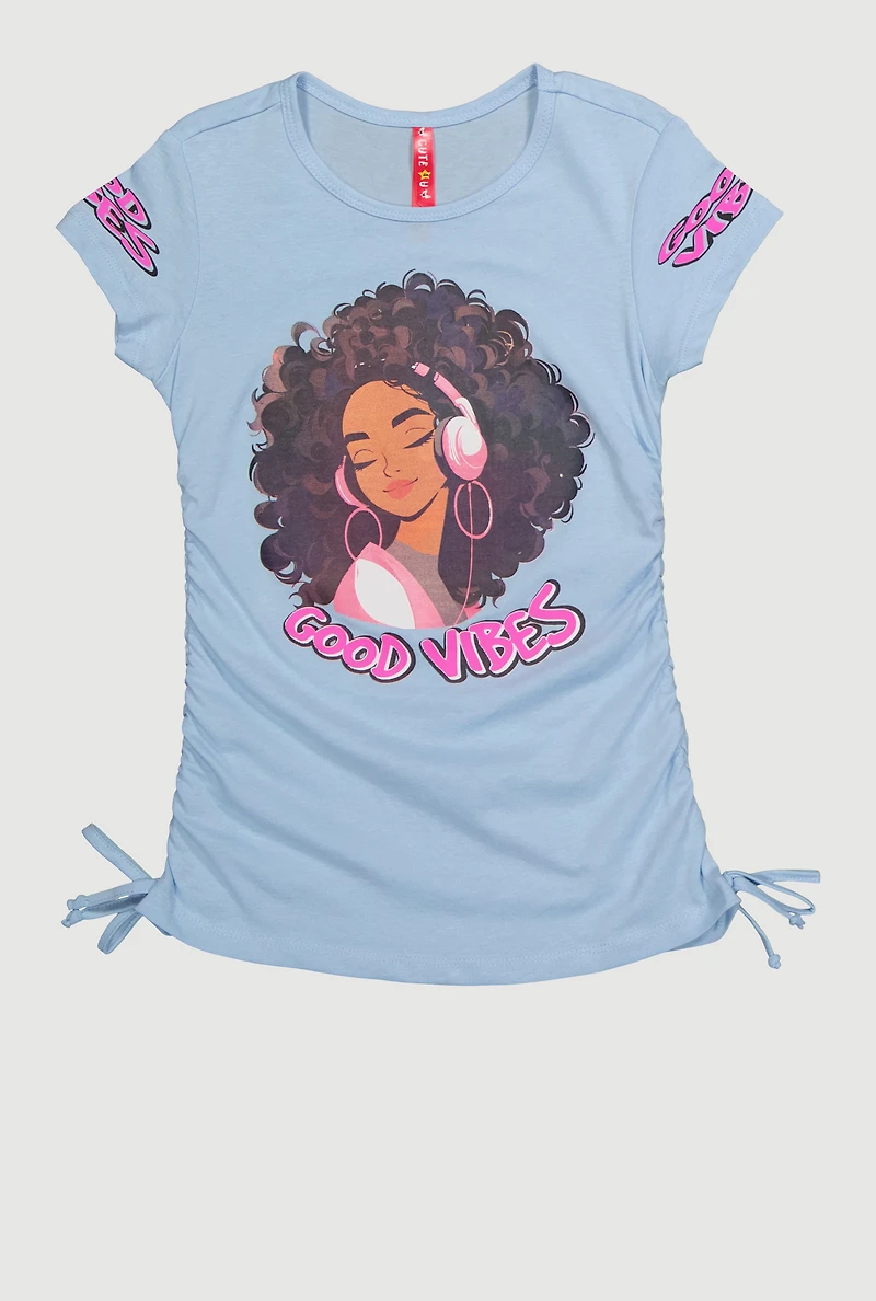 Little Girls Good Vibes Graphic T-Shirt with Ruching, Blue, Size 6X
