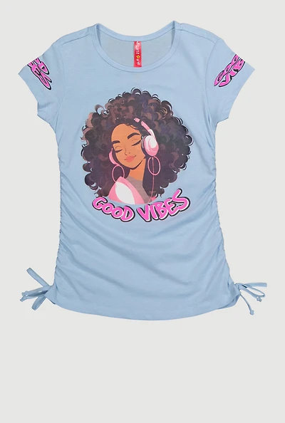 Little Girls Good Vibes Graphic T-Shirt with Ruching, Blue, Size 6X