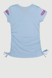 Little Girls Good Vibes Graphic T-Shirt with Ruching, Blue, Size 6X