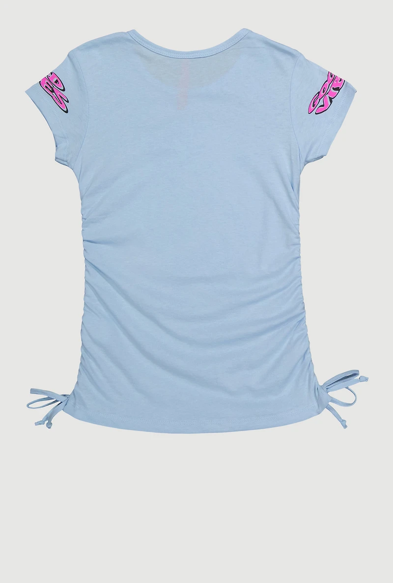 Little Girls Good Vibes Graphic T-Shirt with Ruching, Blue, Size 4