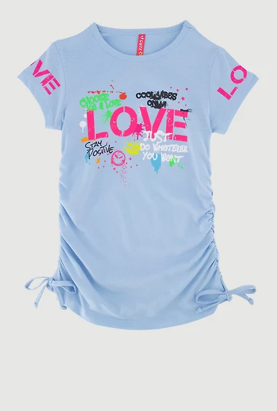 Little Girls Love Stay Positive Ruched Side Graphic Tee, Blue, Size 5-6