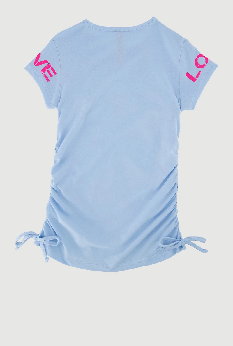 Little Girls Love Stay Positive Ruched Side Graphic Tee