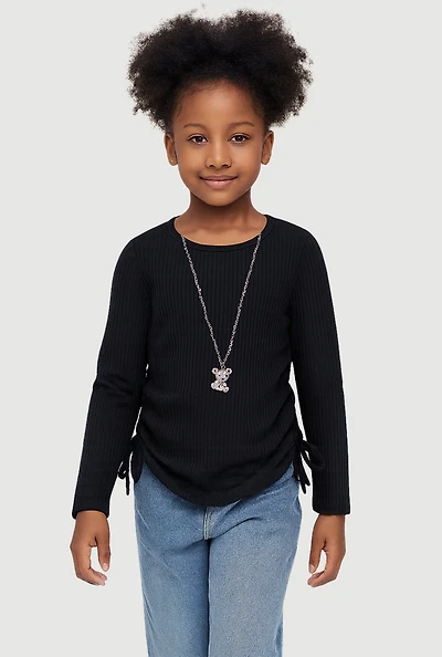 Little Girls Ribbed Knit Top with Removable Bear Necklace, Black, Size 5-6
