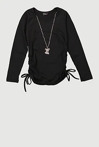 Little Girls Ribbed Knit Top with Removable Bear Necklace, Black, Size 5-6