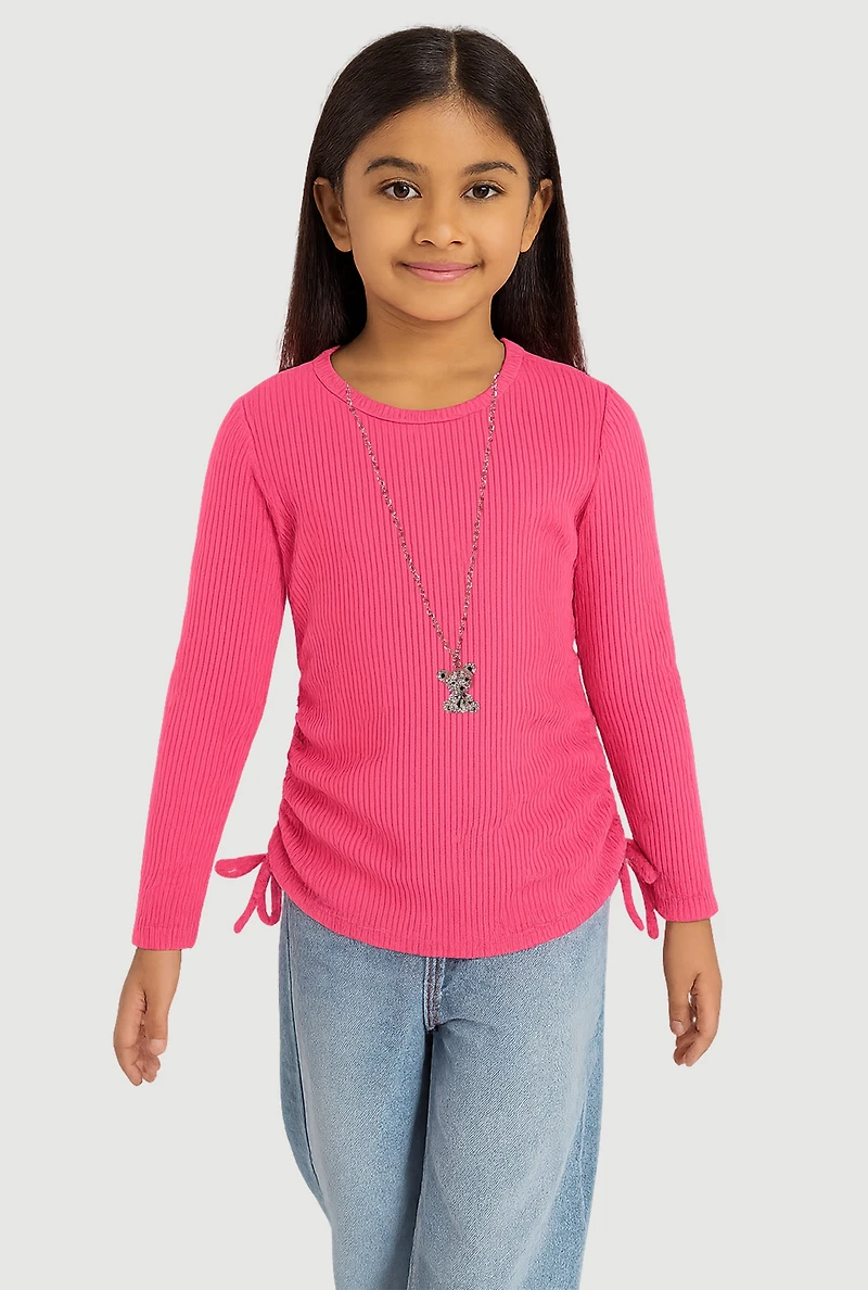 Little Girls Ribbed Knit Top with Removable Bear Necklace, Pink, Size 5-6